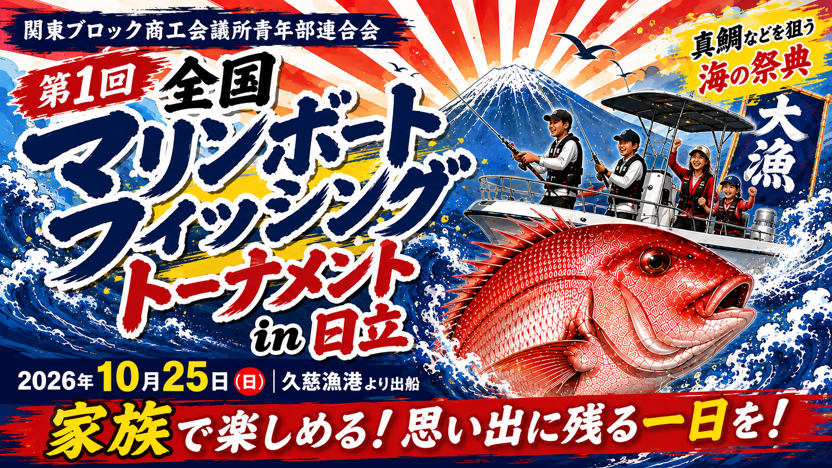 第1回 全国マリンボートフィッシングトーナメント in 日立の案内バナー。2026年10月25日、久慈漁港より出船。家族でも楽しめるイベント。