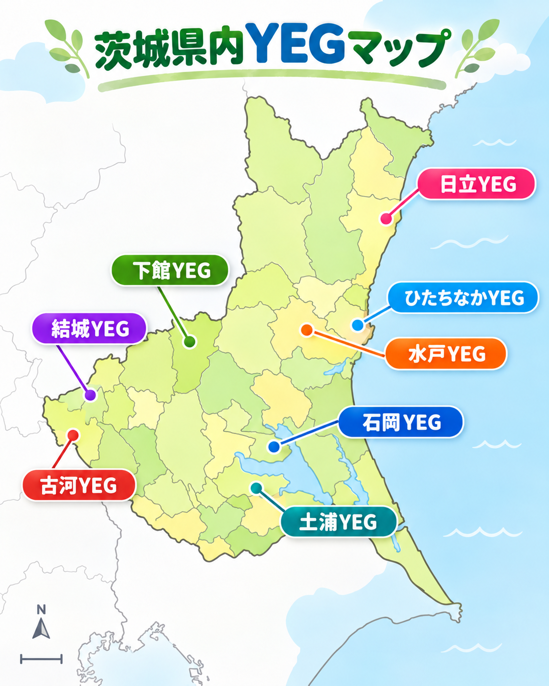 茨城県内8地区のYEGマップ。日立はピンク、ひたちなかは水色、水戸はオレンジ、石岡は青、土浦は青緑、下館は緑、結城は紫、古河は赤。